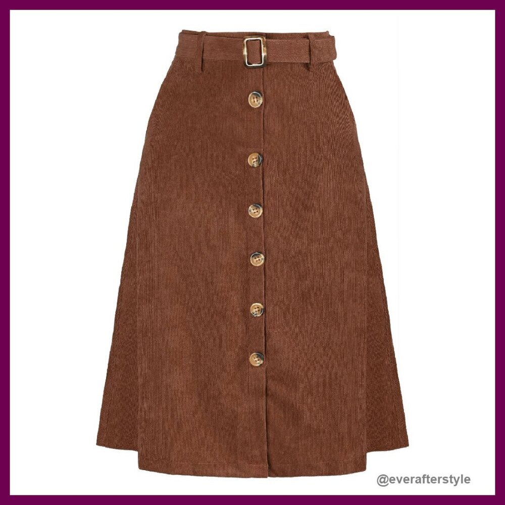 Corduroy Midi Skirt High Waist A-Line Retro Chic Button Front Belted - Picture 1 of 8
